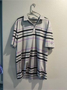 Callaway Light Gray Polo with Black and Lavender Stripes